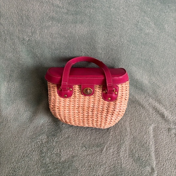 Vintage Vegetable Fiber Woven Basket Purse Top Handle Bag Pink Tan mirror - Picture 6 of 14